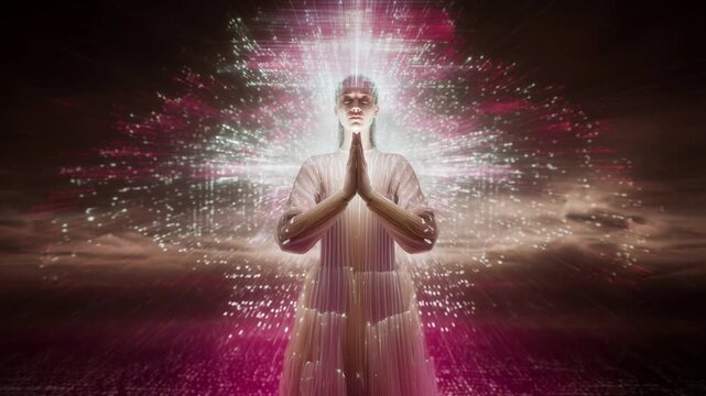 Serene woman meditating in a namaste pose with eyes closed as her face materializes from a beam of light, surrounded by glowing particles in a surreal, futuristic environment