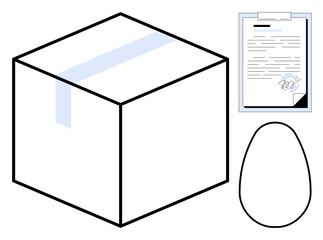 Large box with tape closure, clipboard holding a signed document, and an oval shape outline. Ideal for shipping, delivery, logistics, agreements, contracts, e-commerce packaging simple flat