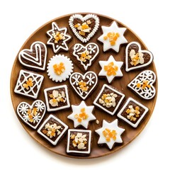 Gingerbread cookies with orange icing and nuts on wooden plate