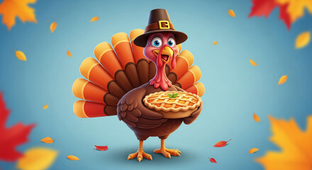 Cartoon turkey in pilgrim hat holds pie, digital art. Represents Thanksgiving celebration, fall harvest season, and festive mood, cheerful illustration