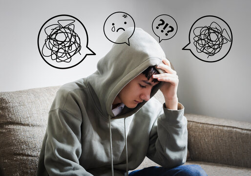 Teenager issue, Confused messed up thoughts bubble line art icon set. Sad depressed mental state before therapy, brain overthinking in teenager concept.	
