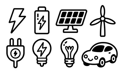 Renewable energy and electric power vector icons including lightning bolt, battery, solar panel, wind turbine, plug, light bulbs, and electric car for green energy and sustainability designs