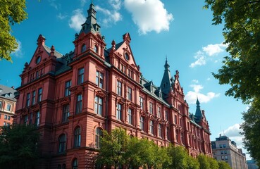 Fototapeta premium Grand red brick building with ornate architectural details and tall towers. Rich green trees line the foreground with blue sky and white clouds above. Historic city landmark with detailed facade.