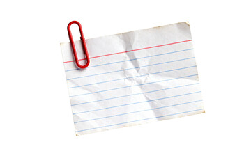 Wrinkled blank index card note with a red paperclip for messages, isolated on transparent background.