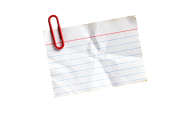 Wrinkled blank index card note with a red paperclip for messages, isolated on transparent background.