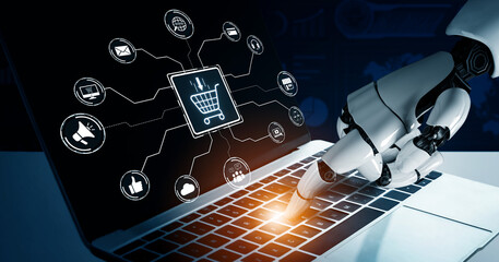 Naklejka premium AI enhances omni-channel marketing with virtual assistants, cross-platform integration, and smart customer engagement tools. Artificial intelligence spline