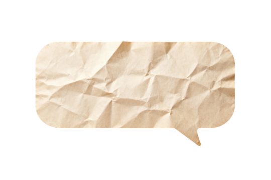 Vintage crumpled brown paper speech bubble texture element isolated on transparent background for design