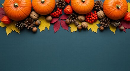 Vibrant autumn harvest border with pumpkins, colorful fall leaves, berries, and forest elements on a dark teal background with ample copy space