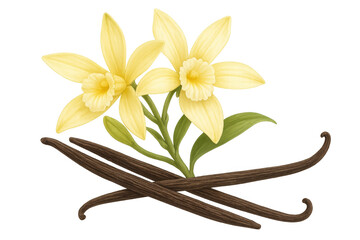 Vanilla flower and bean drawing illustrating cooking flavor ingredient, aromatic spice, perfume fragrance concept