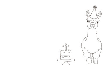 Outline Alpaca with Birthday Cake and Party Hat, Cute Llama Clipart for Stickers, Invitations, and Digital Design on Transparent Background