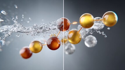 Abstract molecular structure with colorful spheres and splashes of water, showcasing the interaction between elements, highlighting scientific concepts and the beauty of chemistry in a visually striki