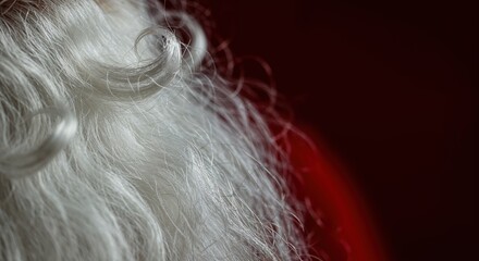 A detailed macro shot showcases the intricate texture of an elderly man's flowing white beard with elegant curls against a rich red background.