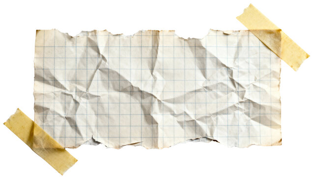Vintage crumpled grid paper texture with torn edges and tape, isolated on transparent background