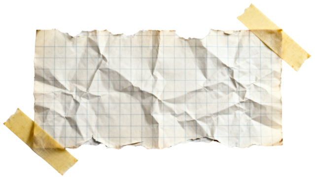 Vintage crumpled grid paper texture with torn edges and tape, isolated on transparent background