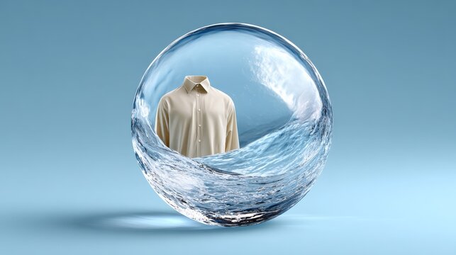 Conceptual illustration of a shirt suspended in a water bubble, showcasing the interplay between fabric and liquid, symbolizing freshness and cleanliness in a creative visual representation