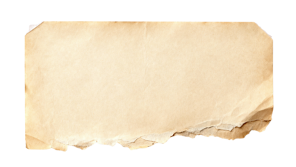 Aged parchment paper texture with torn, ragged edges and a crumpled surface isolated on transparent.