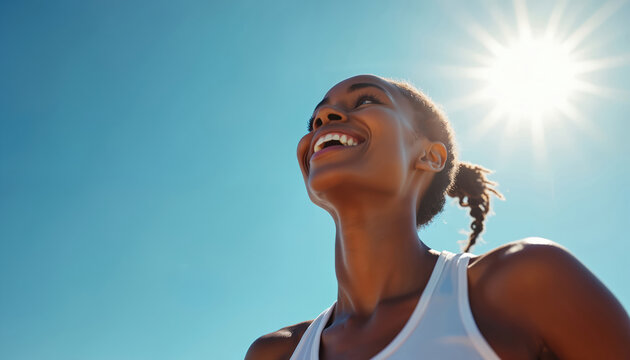 Fit black woman smiles joyfully under bright sun after outdoor running workout. She breathes happily, feeling accomplished and energetic after her athletic training session.