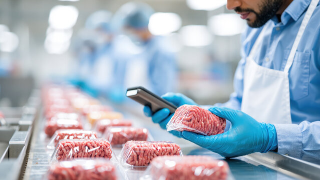 factory worker scanning packaged raw meat for quality control in food production line