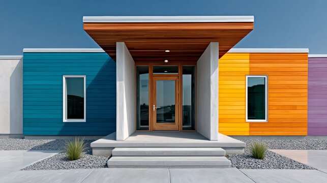 Modern architectural design featuring a vibrant exterior with colorful panels, sleek entrance, and landscaped pathway, showcasing contemporary aesthetics and innovative building materials for resident