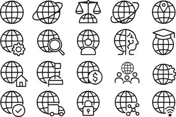 Global business icons representing worldwide commerce finance technology and development in a clean line art style