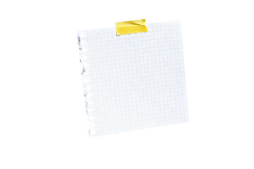 Blank grid paper note taped with yellow adhesive on a transparent background, perfect for message and copy space.