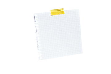 Blank grid paper note taped with yellow adhesive on a transparent background, perfect for message and copy space.