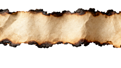 Aged burnt crumpled parchment texture with charred edges, isolated on transparent background, copy space