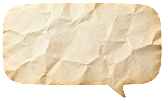 Vintage crumpled paper speech bubble with rich texture and message space isolated on transparent background