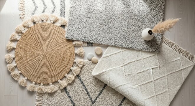 Top view of layered textured neutral rugs and mats over wooden floor in cozy minimalist decor style