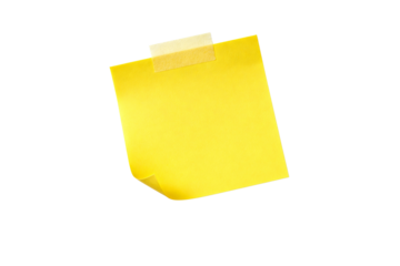 Blank yellow sticky note with adhesive tape and a curled corner isolated on transparent background.