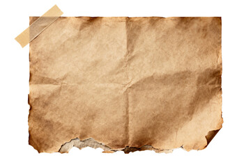 Crumpled old paper with torn edges and tape. Vintage texture isolated on transparent background design.