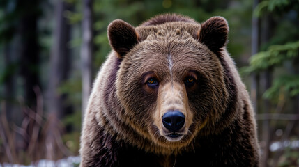 Fototapeta premium A close-up of a brown bear's face in a forest setting