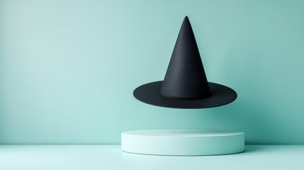 Fototapeta premium A minimalist black witch hat floating above a light turquoise platform against a soft turquoise background.