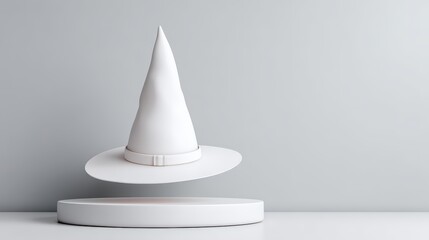 Fototapeta premium A minimalistic white witch hat levitates above a circular base, set against a neutral gray background, creating a whimsical yet modern aesthetic.
