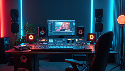 Modern music recording studio features large control desk with computer screen showing professional digital audio workstation software. Powerful speakers, audio gear, neon lights fill dark room.