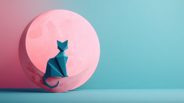 A teal origami cat sits on a crescent moon against a pink and blue background, creating a whimsical and artistic scene.