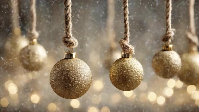 Golden Christmas ornaments hanging from twine in a festive setting, with soft bokeh lights and falling snow, camera zooms in to capture intricate details and textures