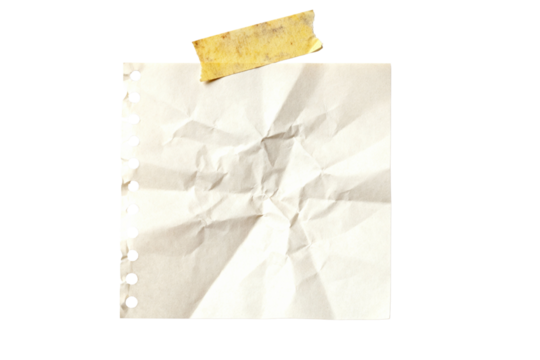 Crumpled torn notebook paper with aged tape isolated on transparent background for design projects. - Powered by Adobe