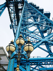 The historic Tees Transporter bridge with ornamental lighting at base of the bridge