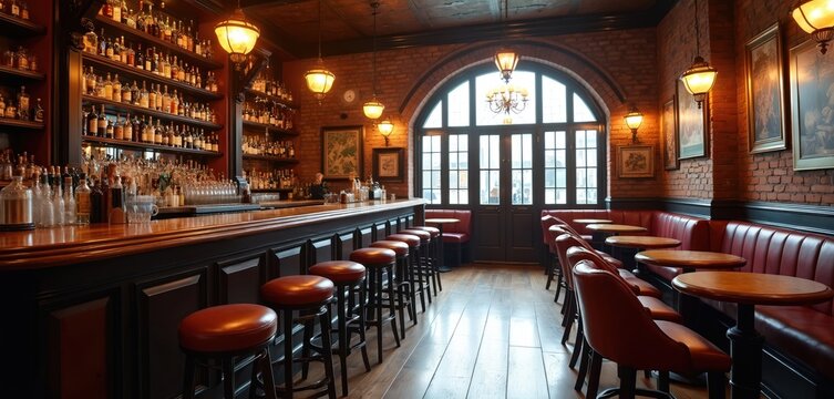 Vintage bar interior with brick walls, dark wood bar, and red leather seating. Bottles line shelves behind counter, warm lamps illuminate room, creating cozy pub atmosphere for patrons.