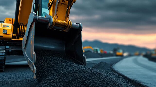 A large yellow and black construction vehicle is dumping a pile of black gravel onto a road. The scene is set against a cloudy sky, giving the image a somewhat somber and industrial feel