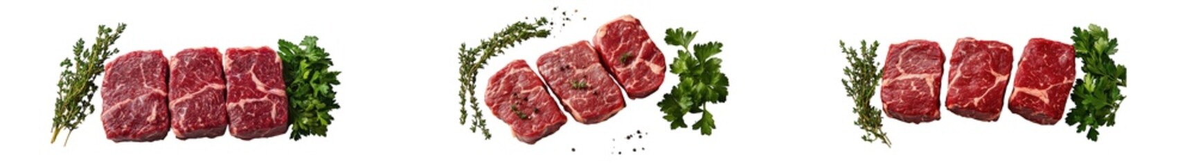 Raw steak cuts seasoned with herbs and spices, isolated on transparent background