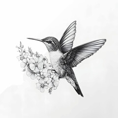 A black and white illustration of a hummingbird hovering above a branch of flowers. The composition symbolizes life, grace, and a moment frozen in time.