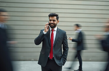 Smiling Indian businessman in suit talks on phone. Blurred people walk past on city street. Busy urban pro uses smart device. Success concept.