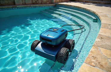 Automatic robotic cleaner cleans swimming pool on sunny day. Smart electric vacuum moves underwater along tile bottom, steps. Modern equipment provides easy backyard maintenance, service for pure