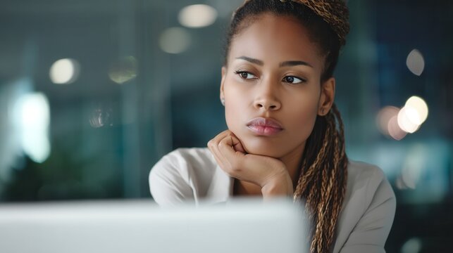 Woman With Braided Hair Rests Chin in Hand While Contemplating Something Near Her Computer
