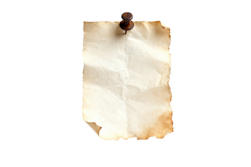 Pinned aged paper with burnt edges, isolated on transparent background for vintage design needs.