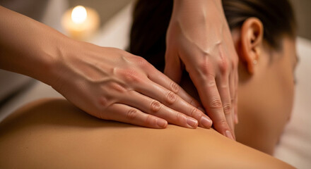 Professional masseuse applying soothing strokes to a client's shoulders, promoting deep relaxation and stress relief in a serene spa setting.