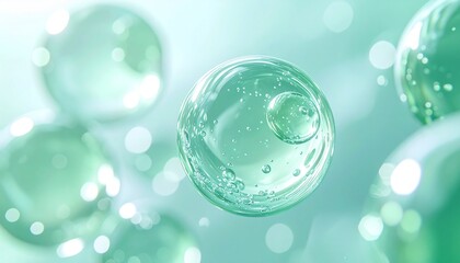 みずみずしくプルプルしたグリーンの美容成分の球体が表現する整肌・鎮静ケアイメージ　ジェネレーティブAI