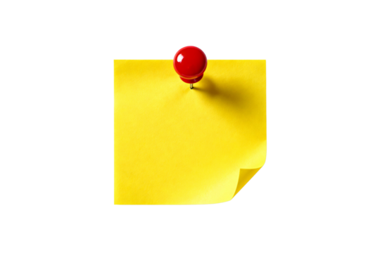 Blank Yellow Sticky Note Pinned with Red Thumbtack on Transparent Background for Your Message Reminder